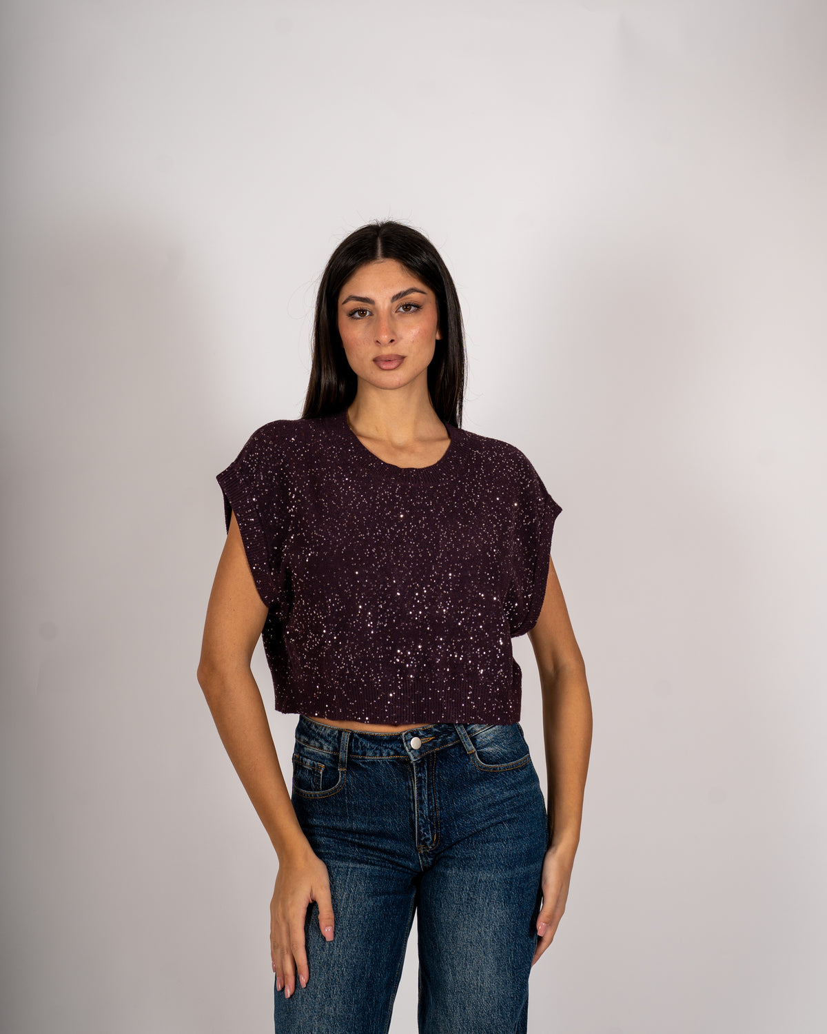 Maglia girocollo cropped full paillettes - Veneta