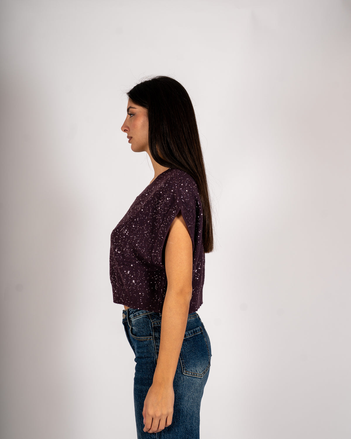 Maglia girocollo cropped full paillettes - Veneta
