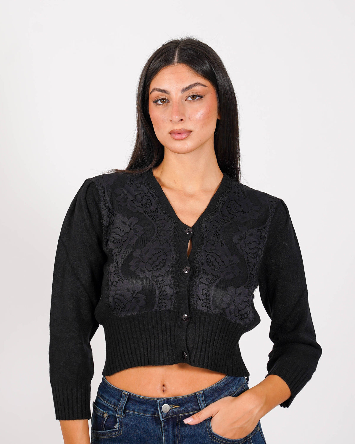 Cardigan in maglia con ricamo macramè - Sicula