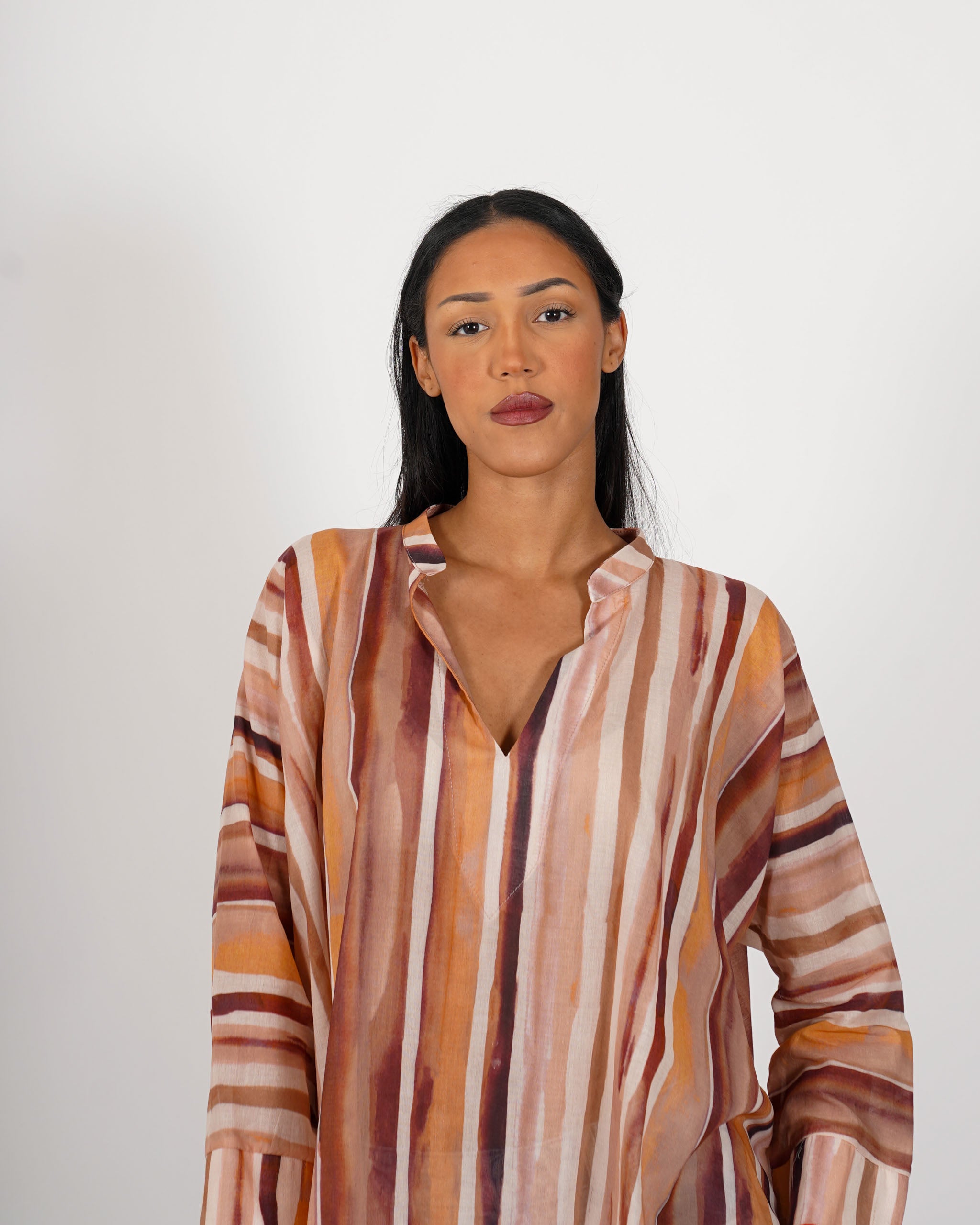 Blusa rigata scollo a v in cotone - Ghiacciata