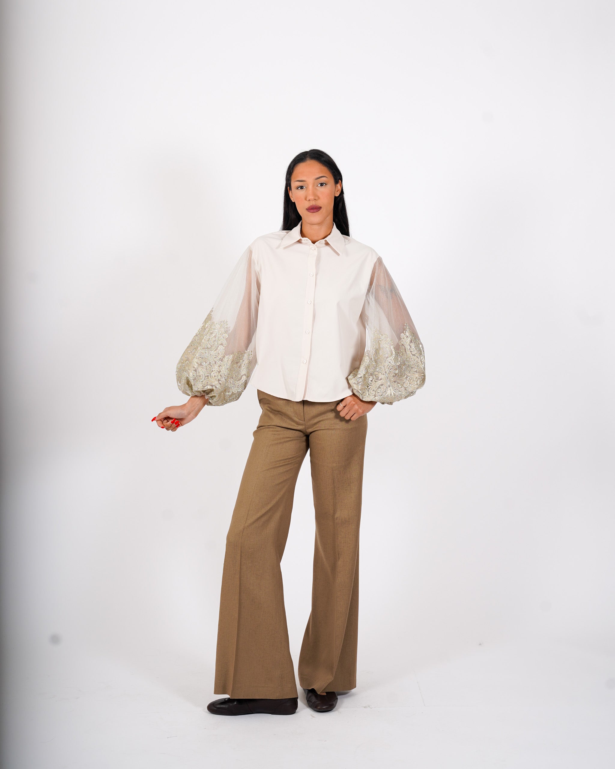 Camicia manica lunga con ricamo oro - Golosa
