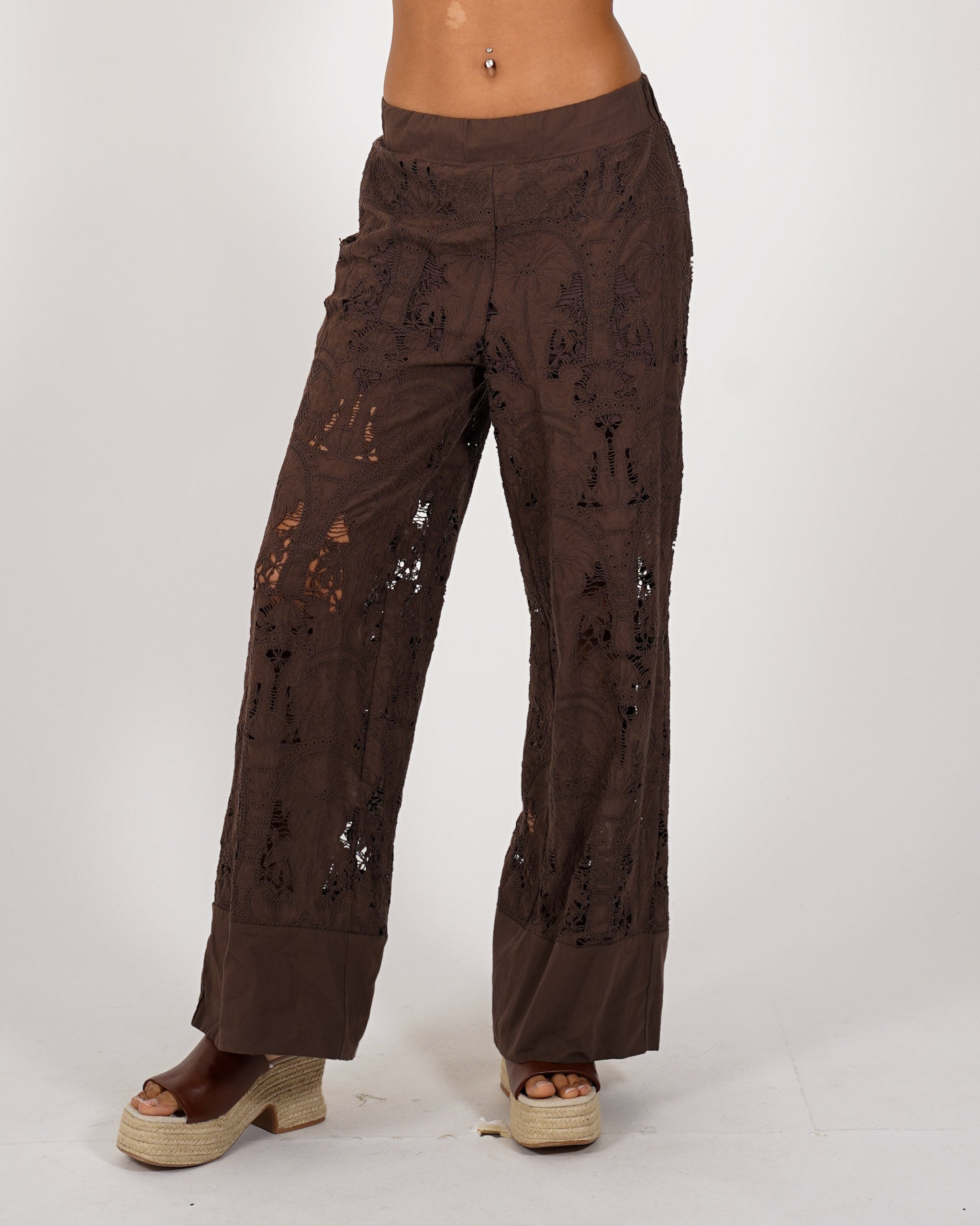 Pantaloni con baschina e gamba larga in cotone san gallo - Felicita