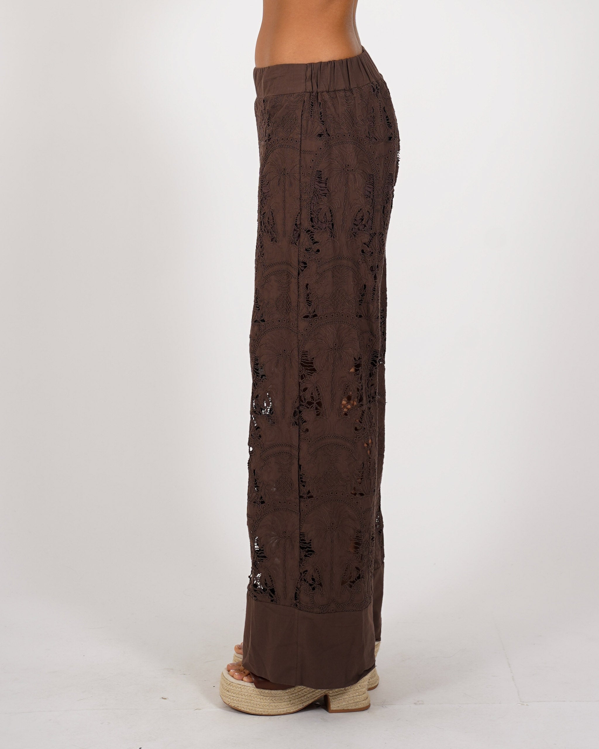Pantaloni con baschina e gamba larga in cotone san gallo - Felicita