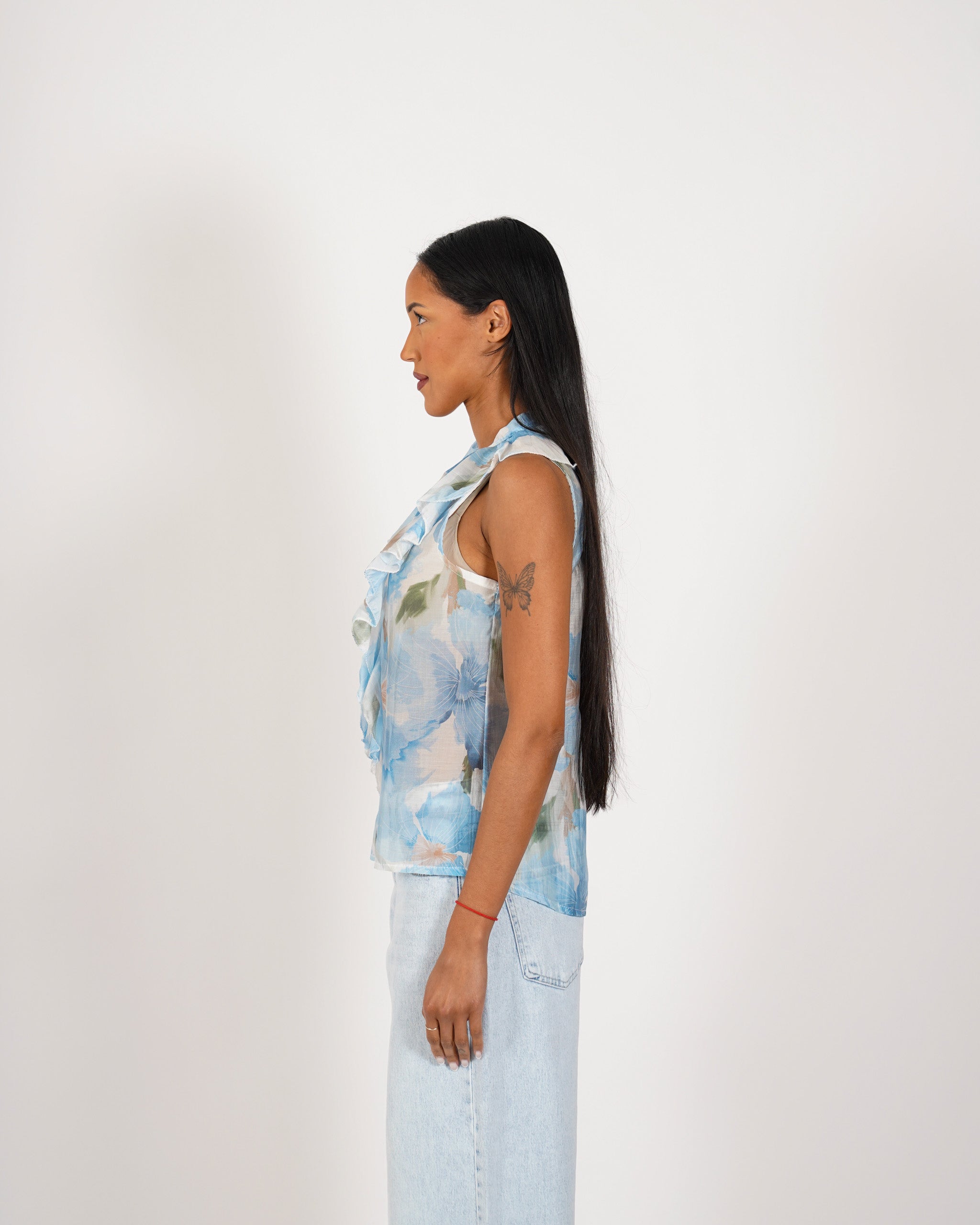 Blusa smanicata stampata con rouche frontale - Priscilla