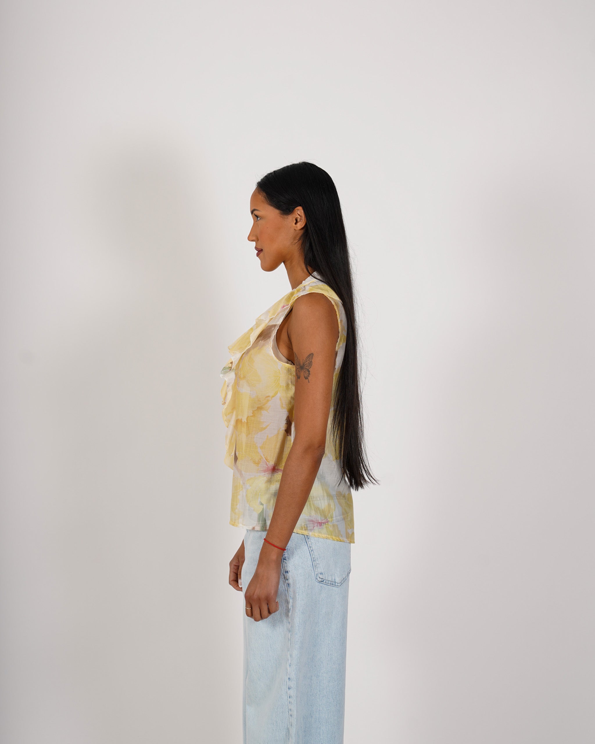 Blusa smanicata stampata con rouche frontale - Priscilla