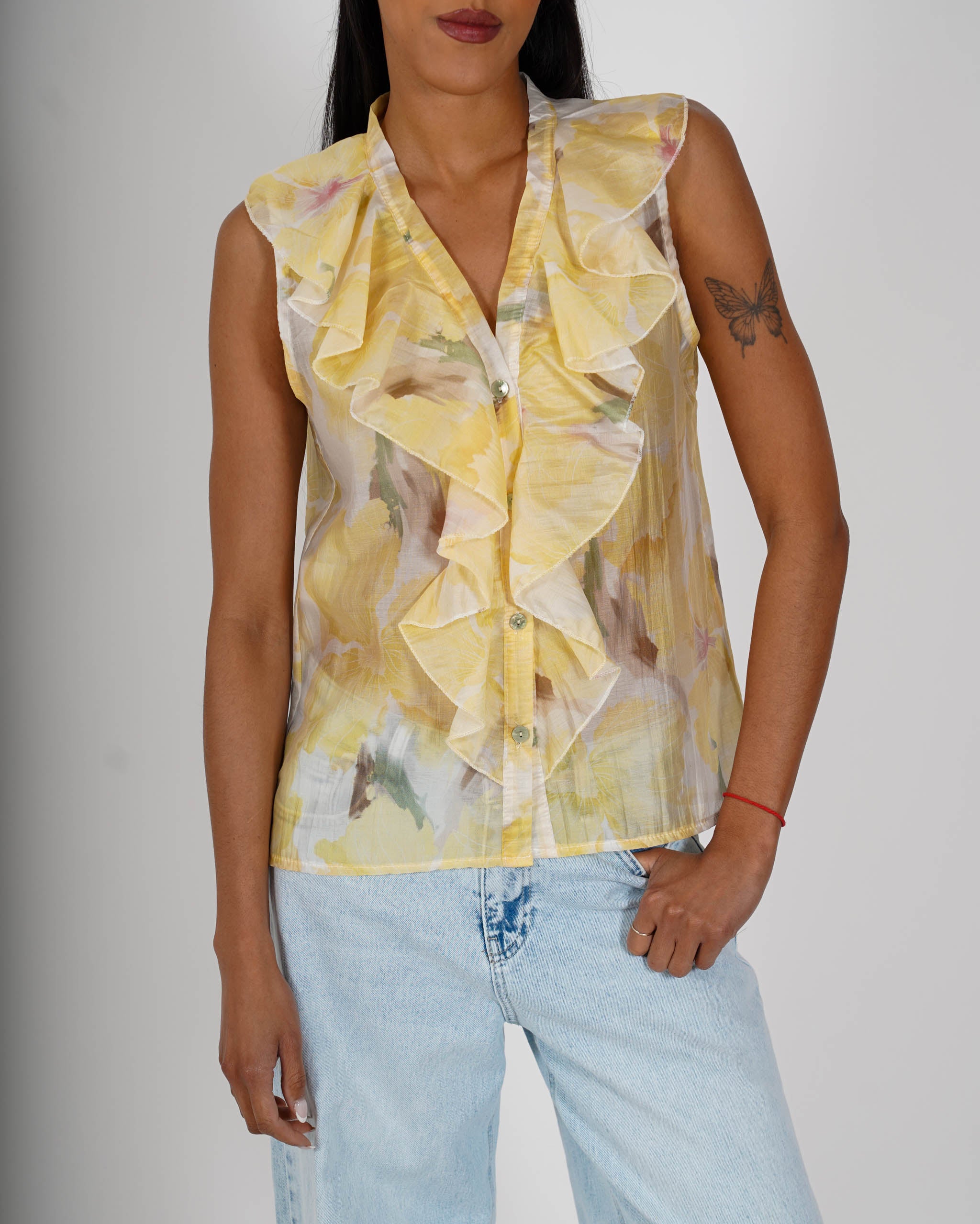 Blusa smanicata stampata con rouche frontale - Priscilla