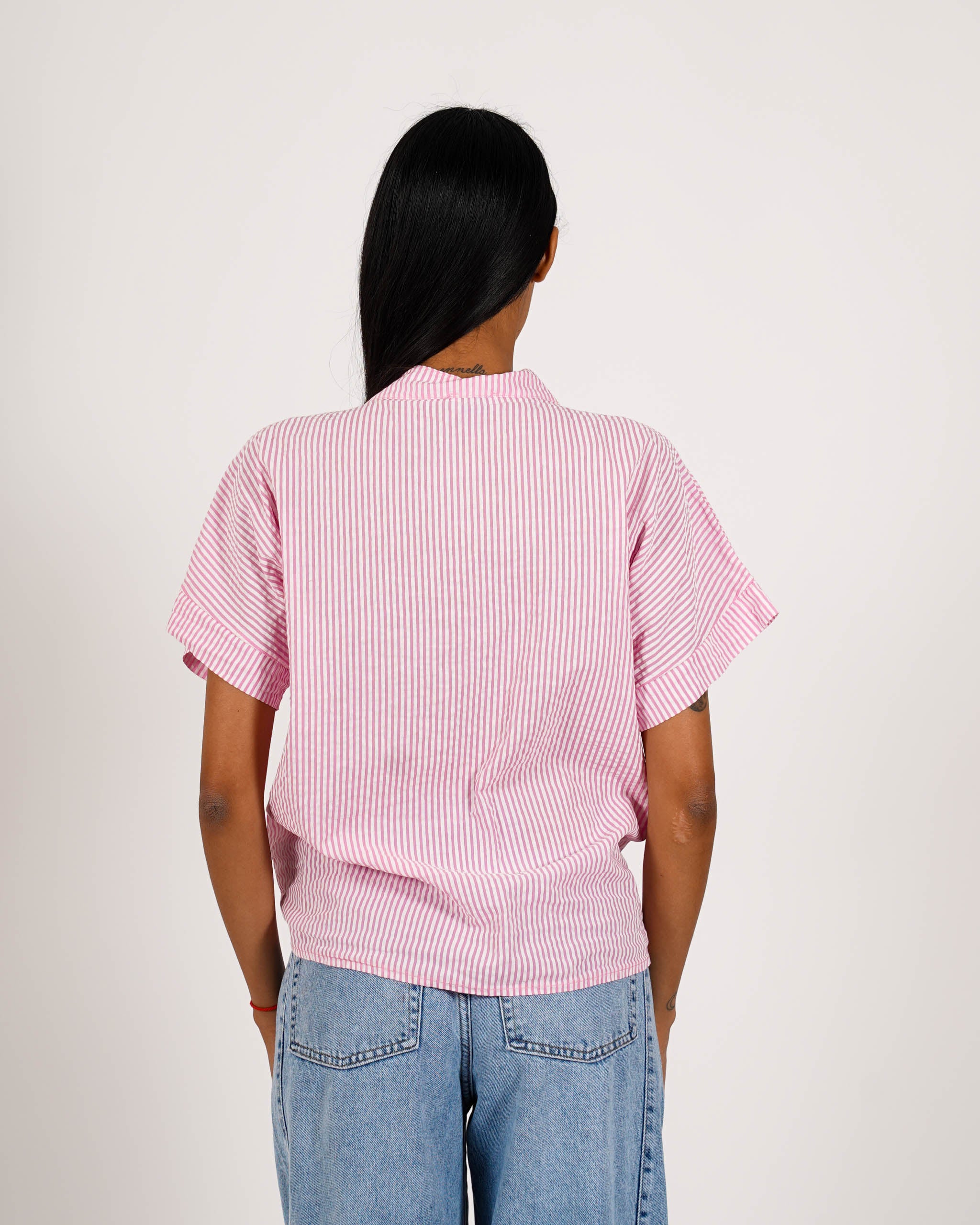 Camicia rigata mezza manica e nodo frontale - Adriana