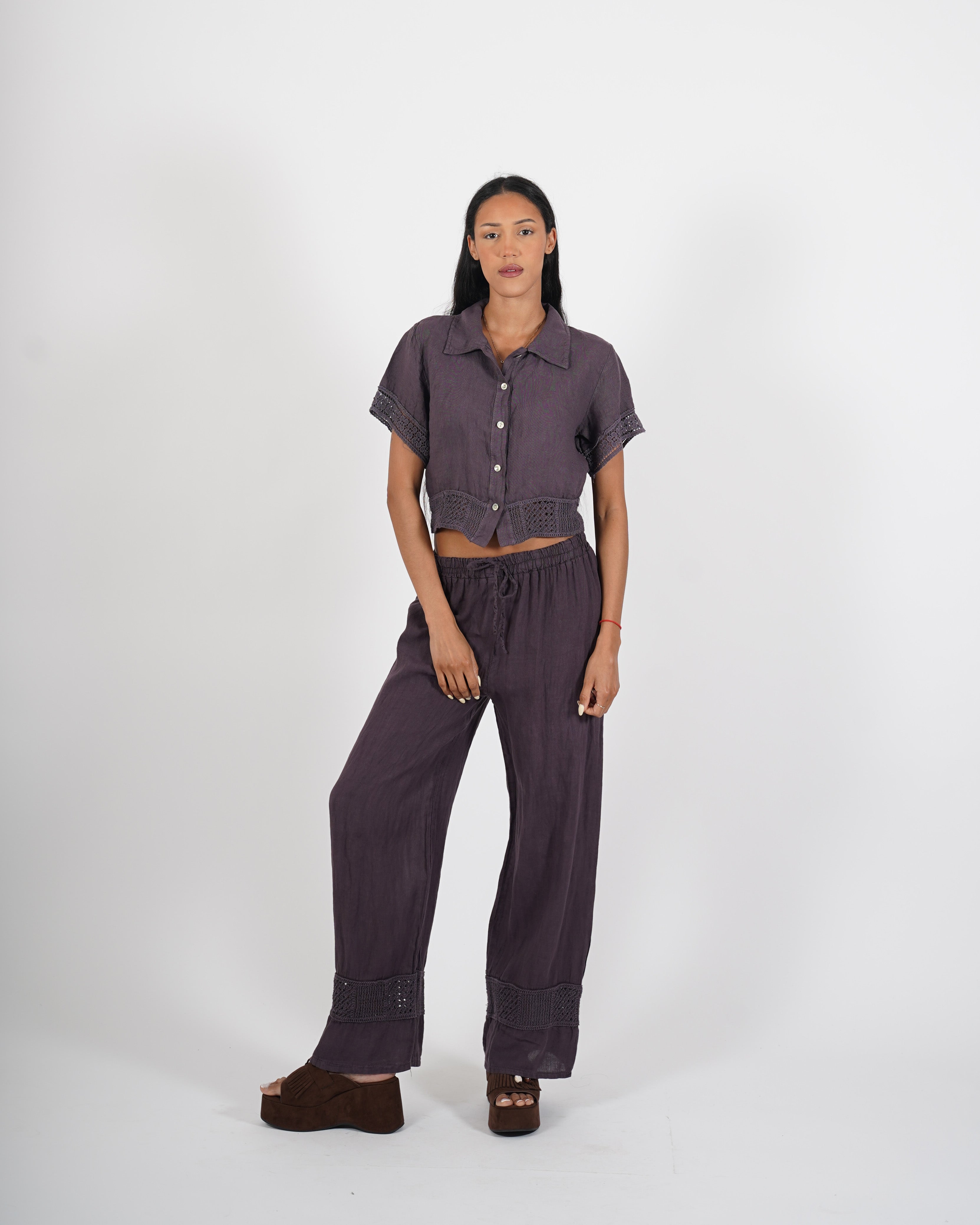 Pantaloni in lino con ricamo sul fondo - Caneira