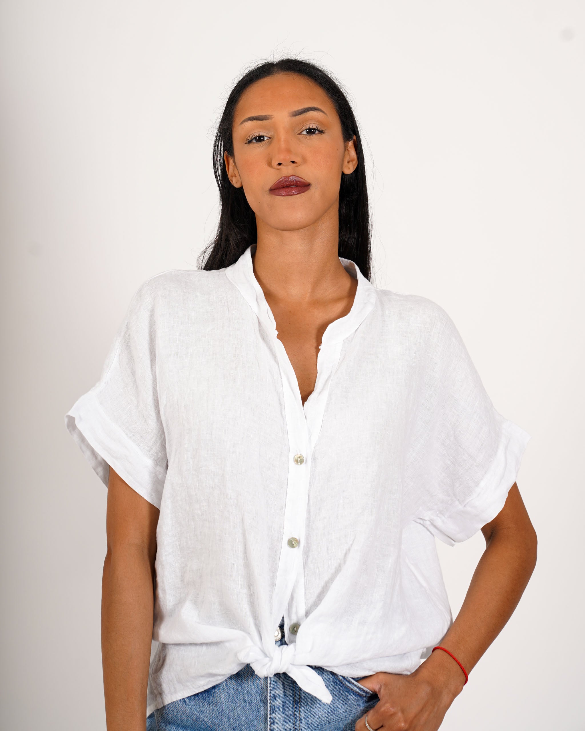 Camicia mezza manica con nodo frontale in lino - Montero