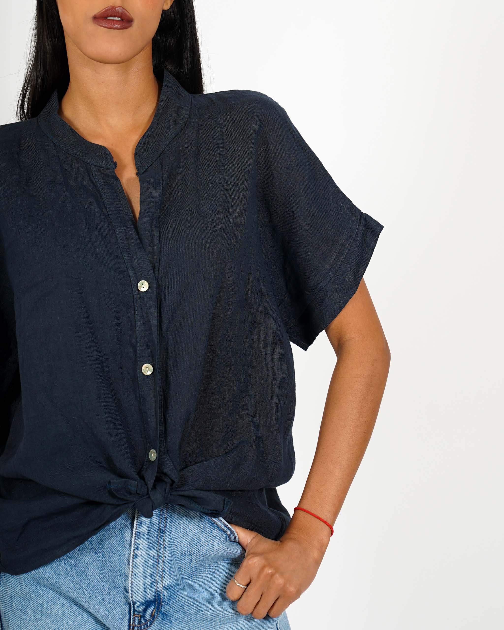 Camicia mezza manica con nodo frontale in lino - Montero