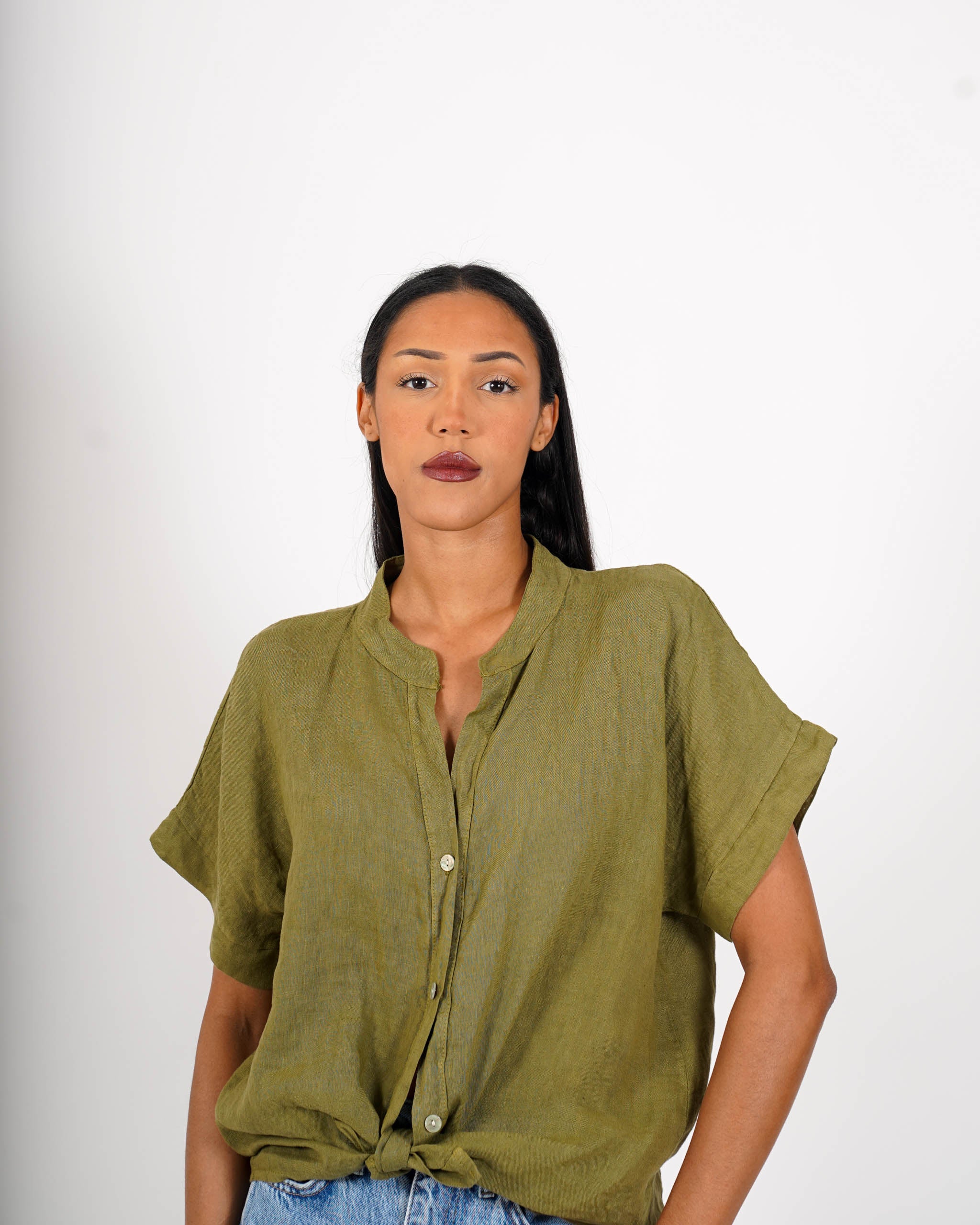Camicia mezza manica con nodo frontale in lino - Montero