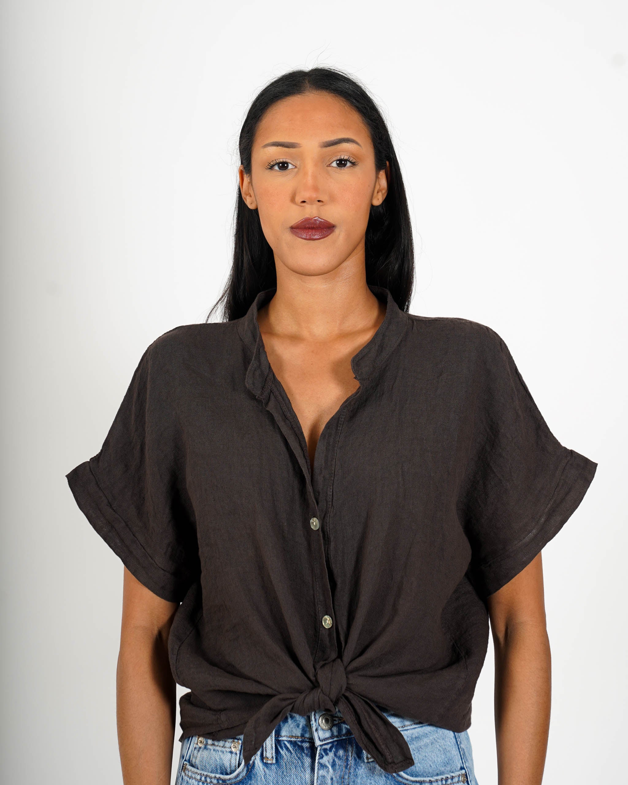 Camicia mezza manica con nodo frontale in lino - Montero