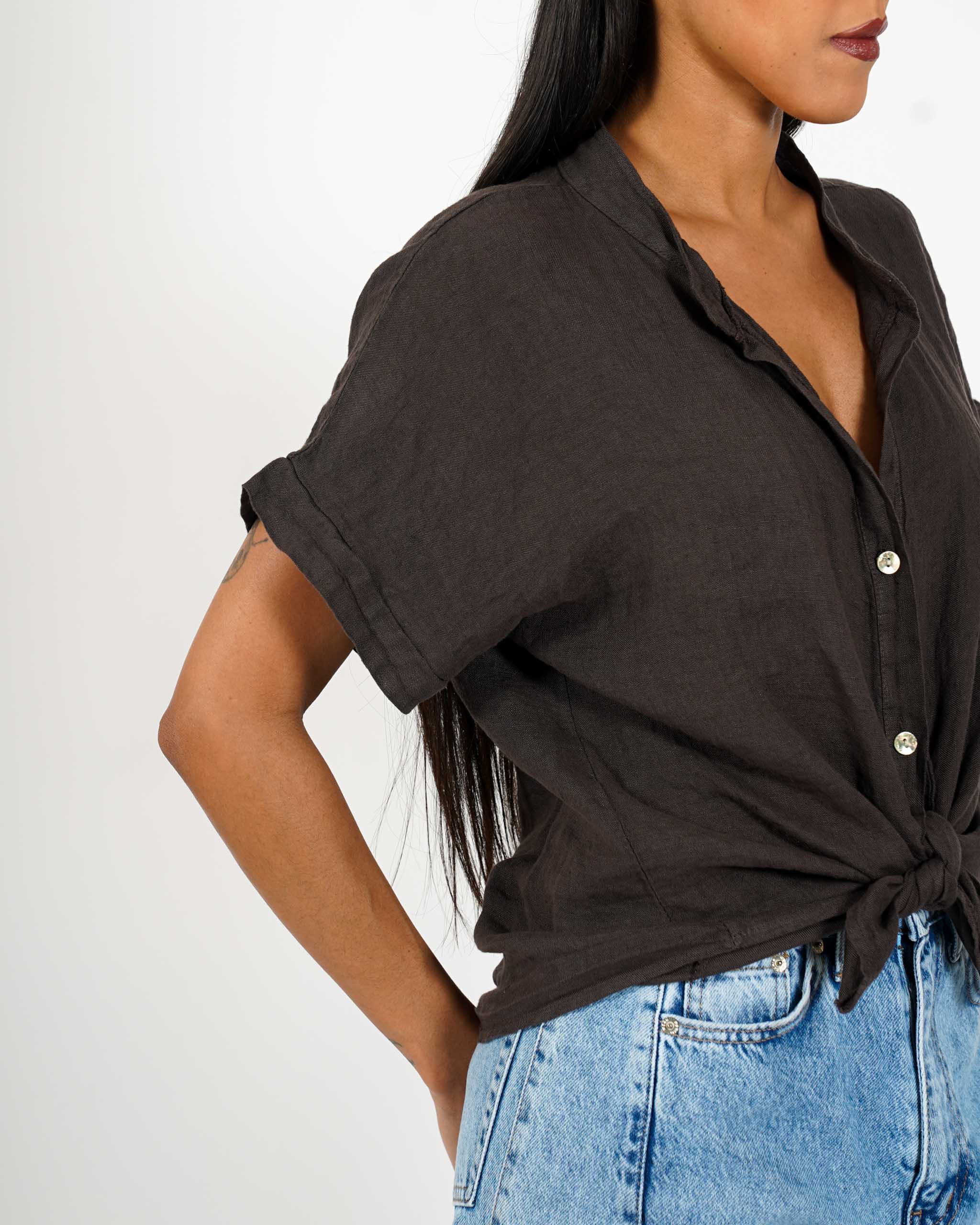 Camicia mezza manica con nodo frontale in lino - Montero