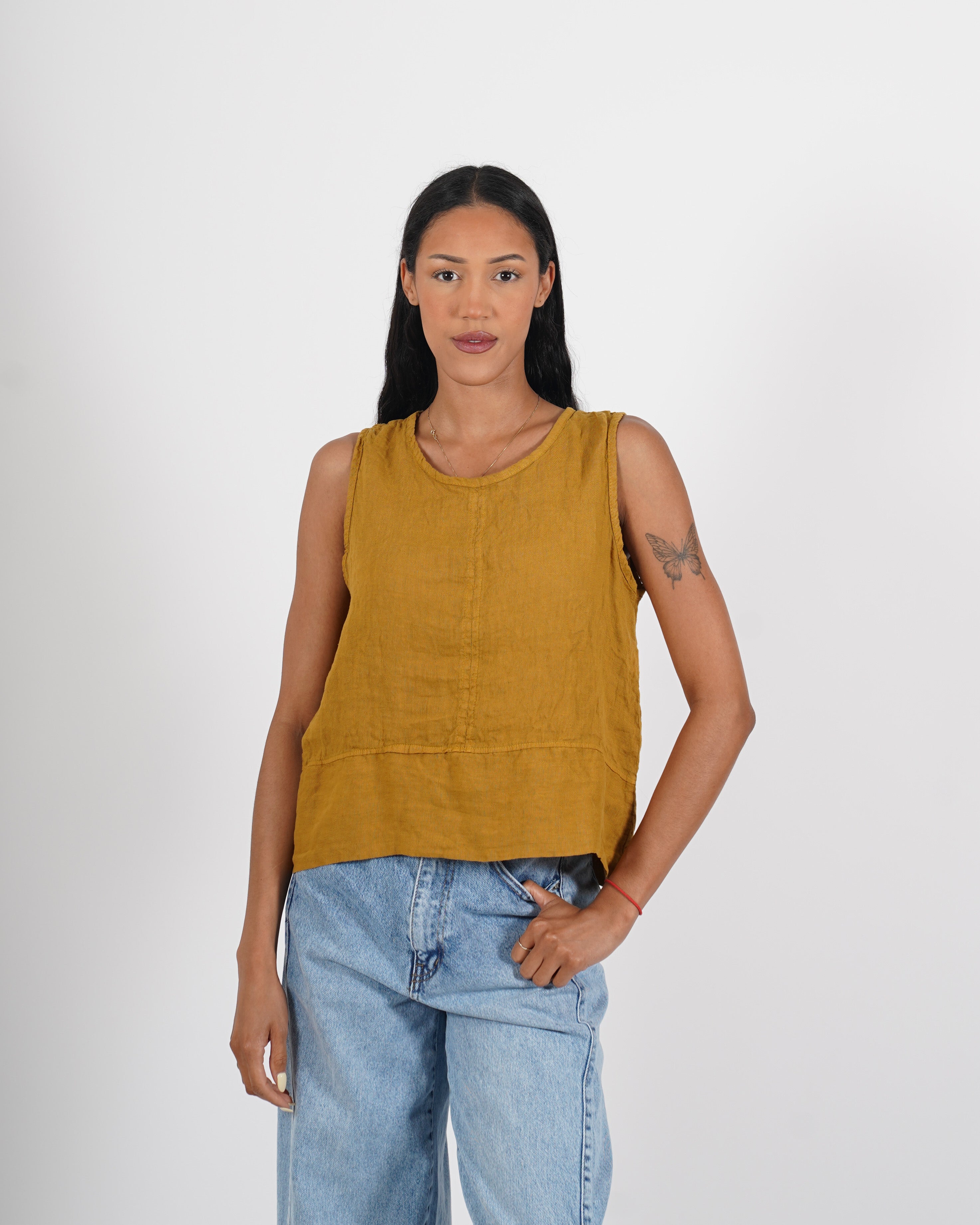 Blusa smanicata girocollo in lino - Logica