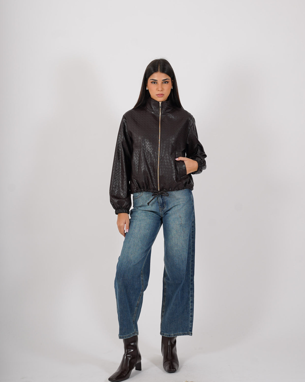 Bomber con zip e tasche in ecopelle intrecciata - Lallina