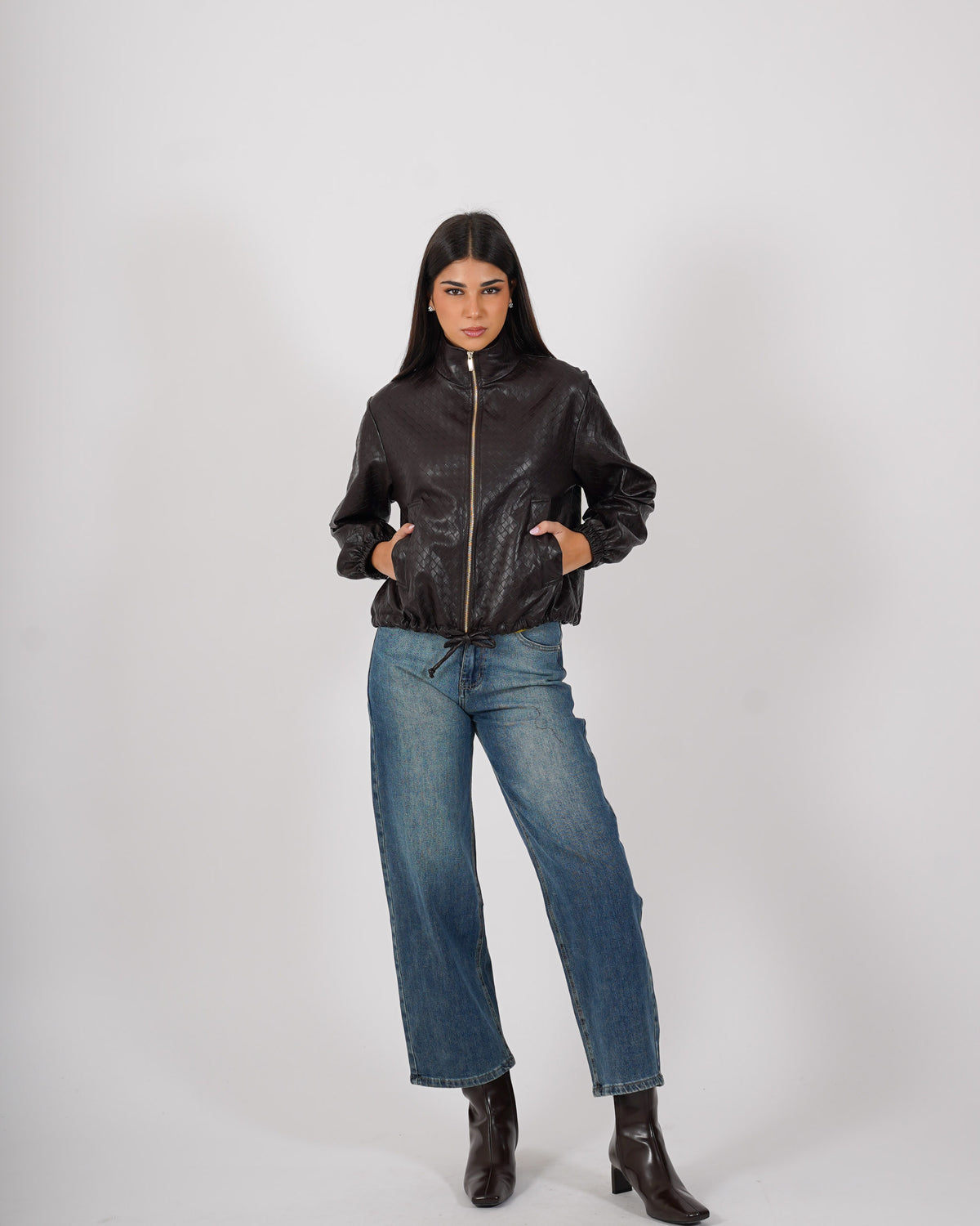 Bomber con zip e tasche in ecopelle intrecciata - Lallina