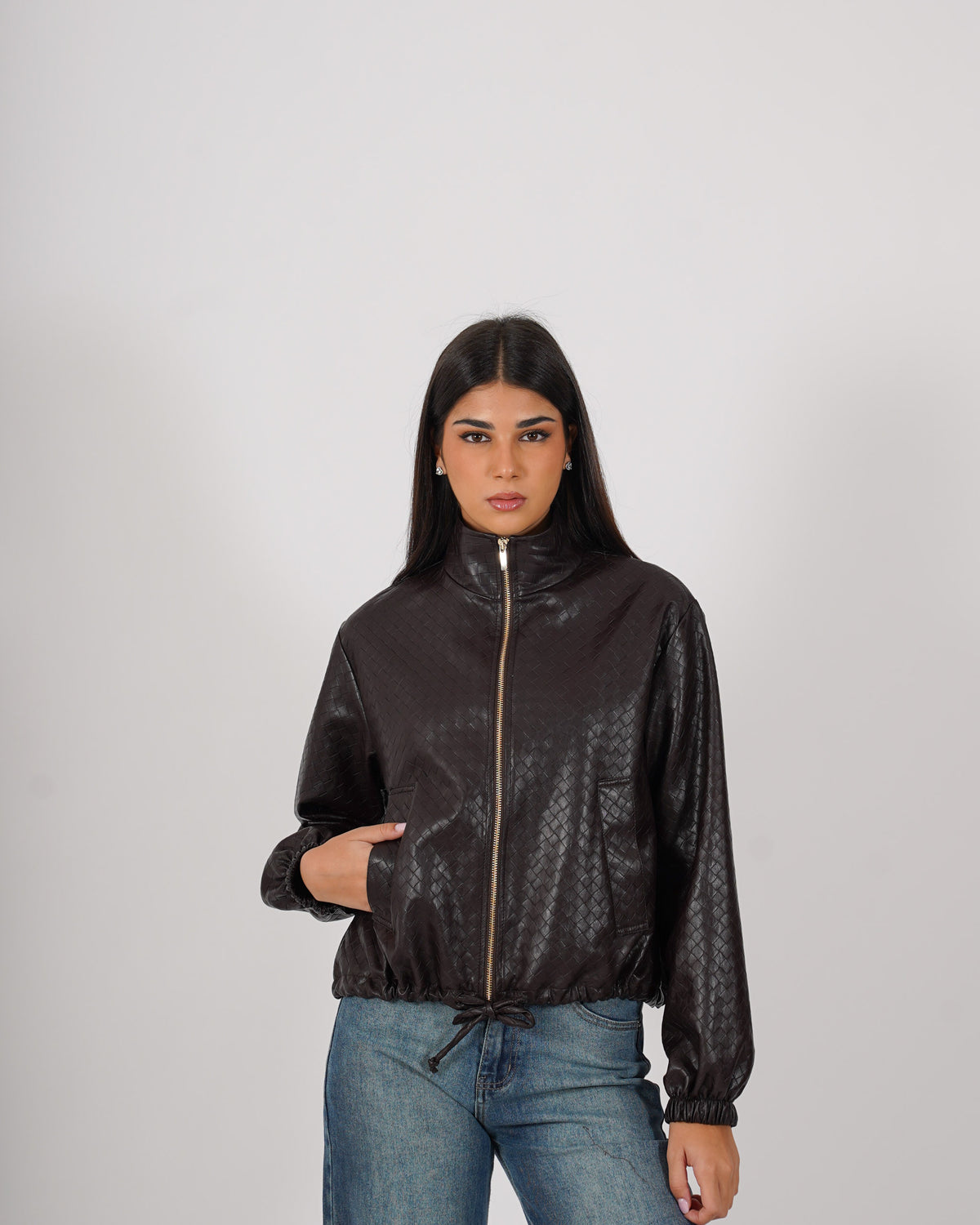 Bomber con zip e tasche in ecopelle intrecciata - Lallina