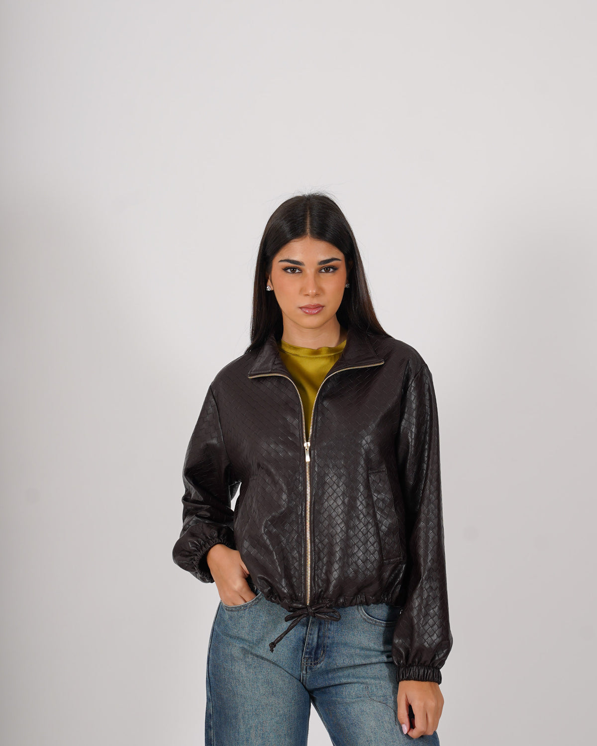 Bomber con zip e tasche in ecopelle intrecciata - Lallina