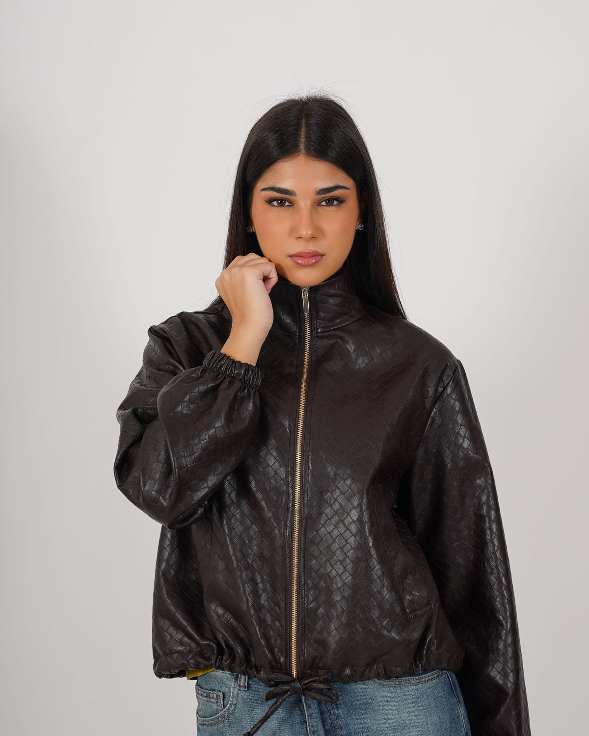 Bomber con zip e tasche in ecopelle intrecciata - Lallina