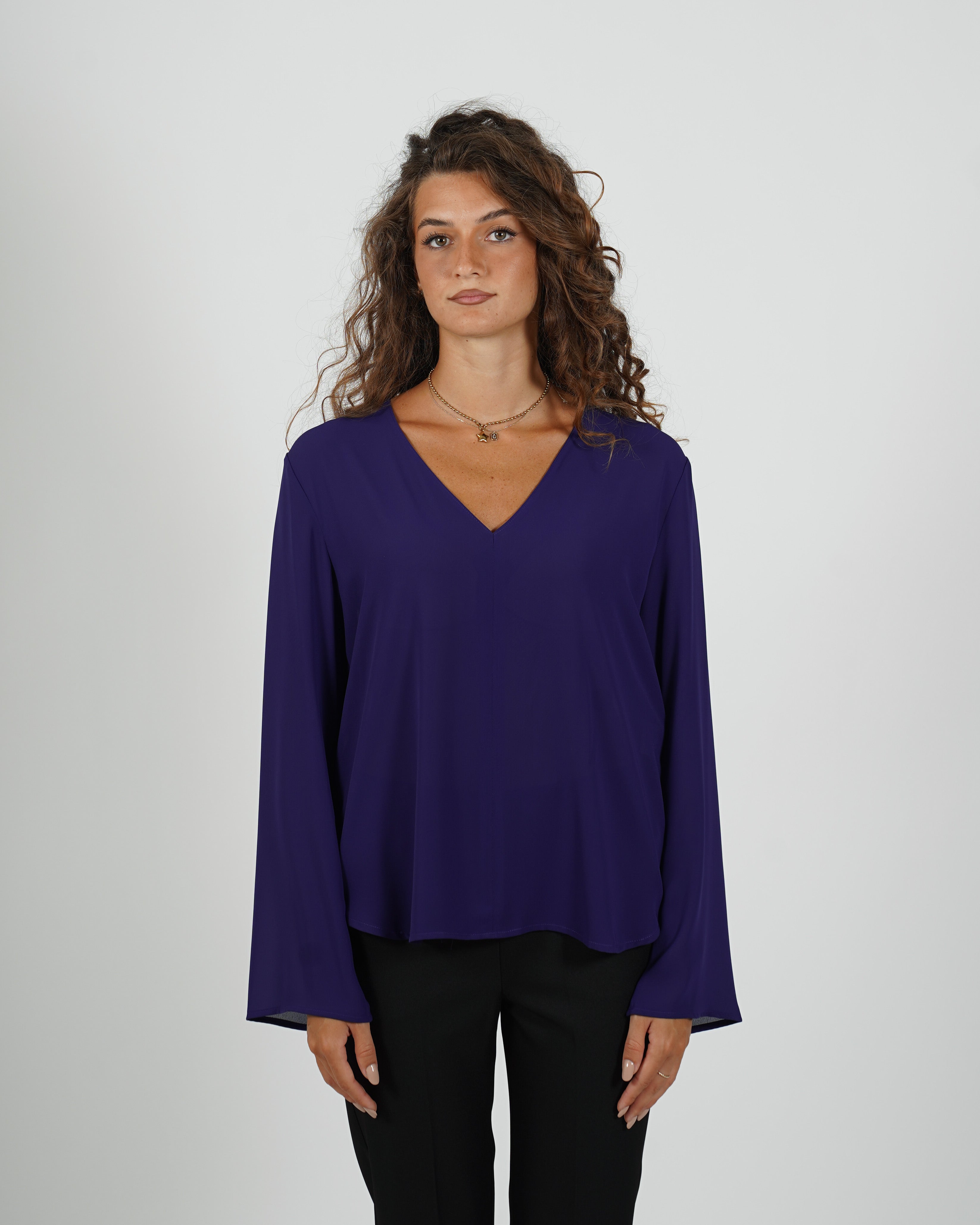 Blusa scollo a v manica lunga in mano crepe - Moneta