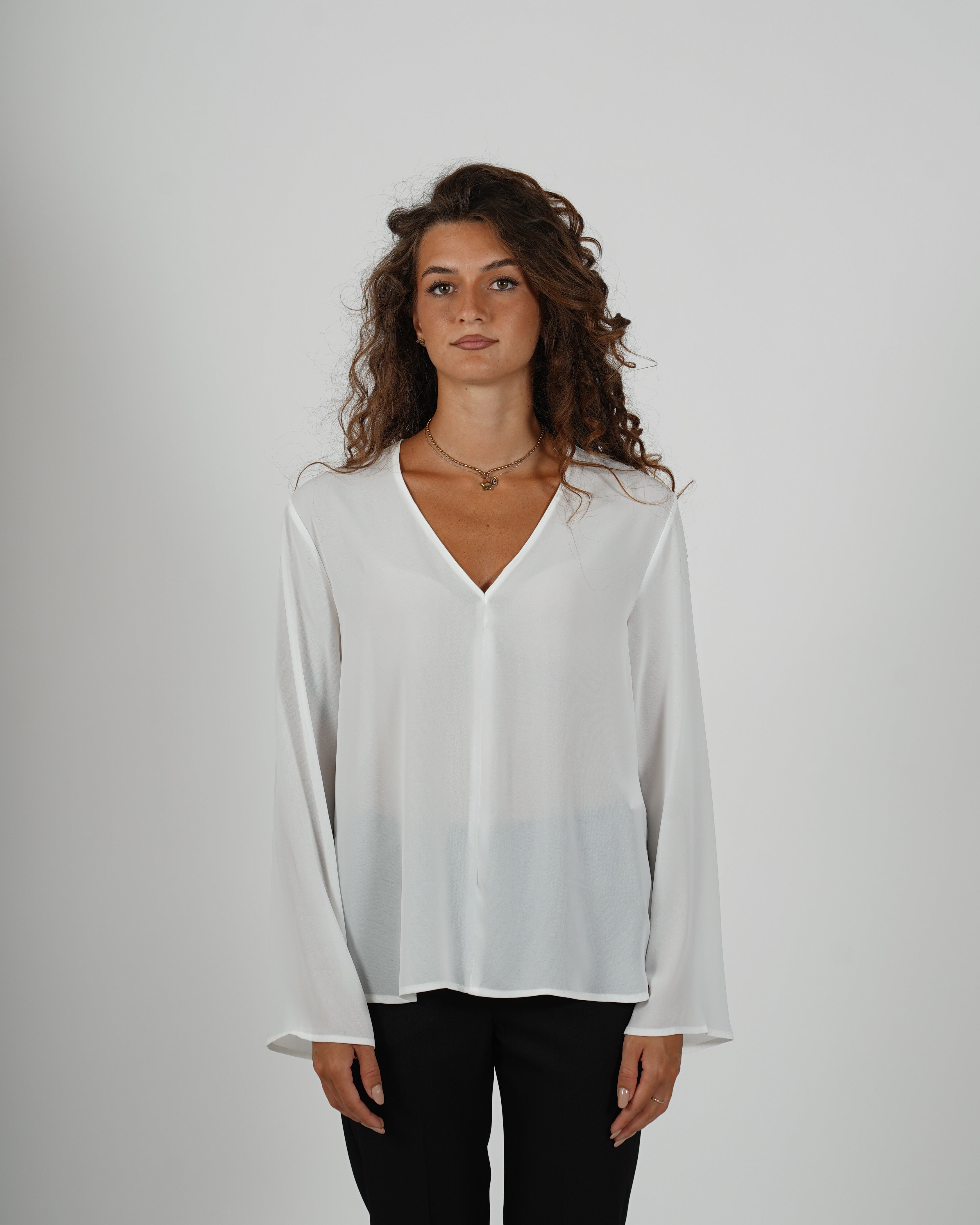 Blusa scollo a v manica lunga in mano crepe - Moneta
