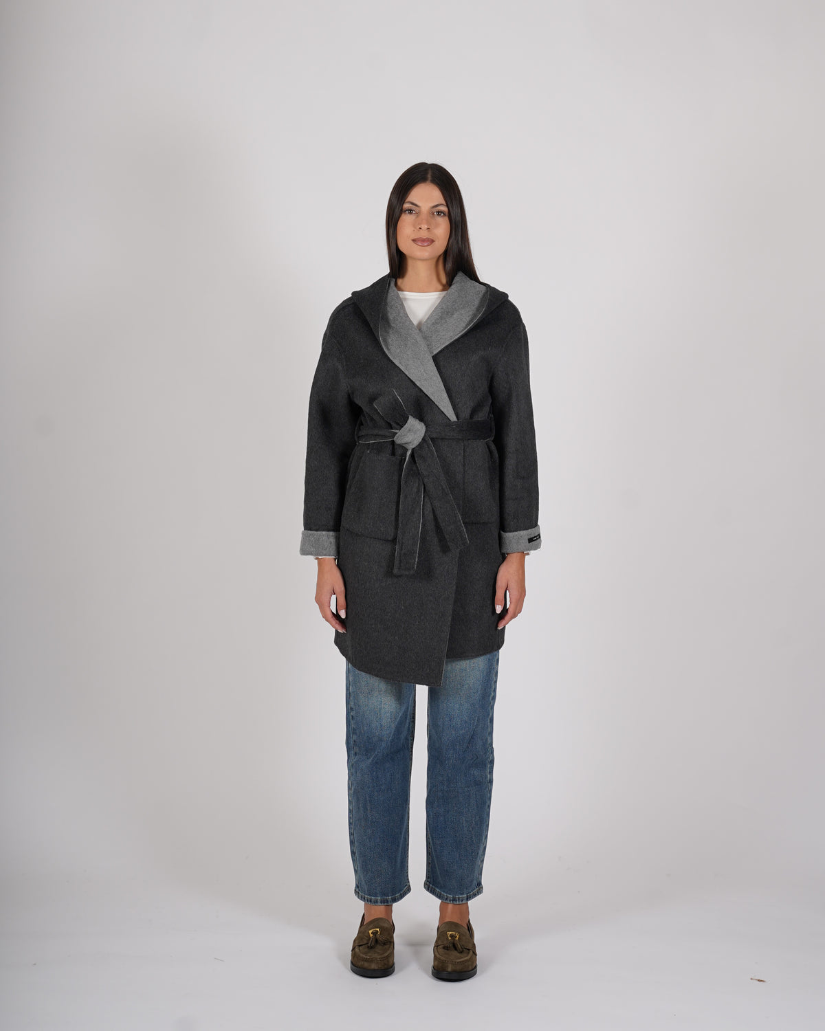 Cappotto bicolor con cintura in double di lana - Tobago