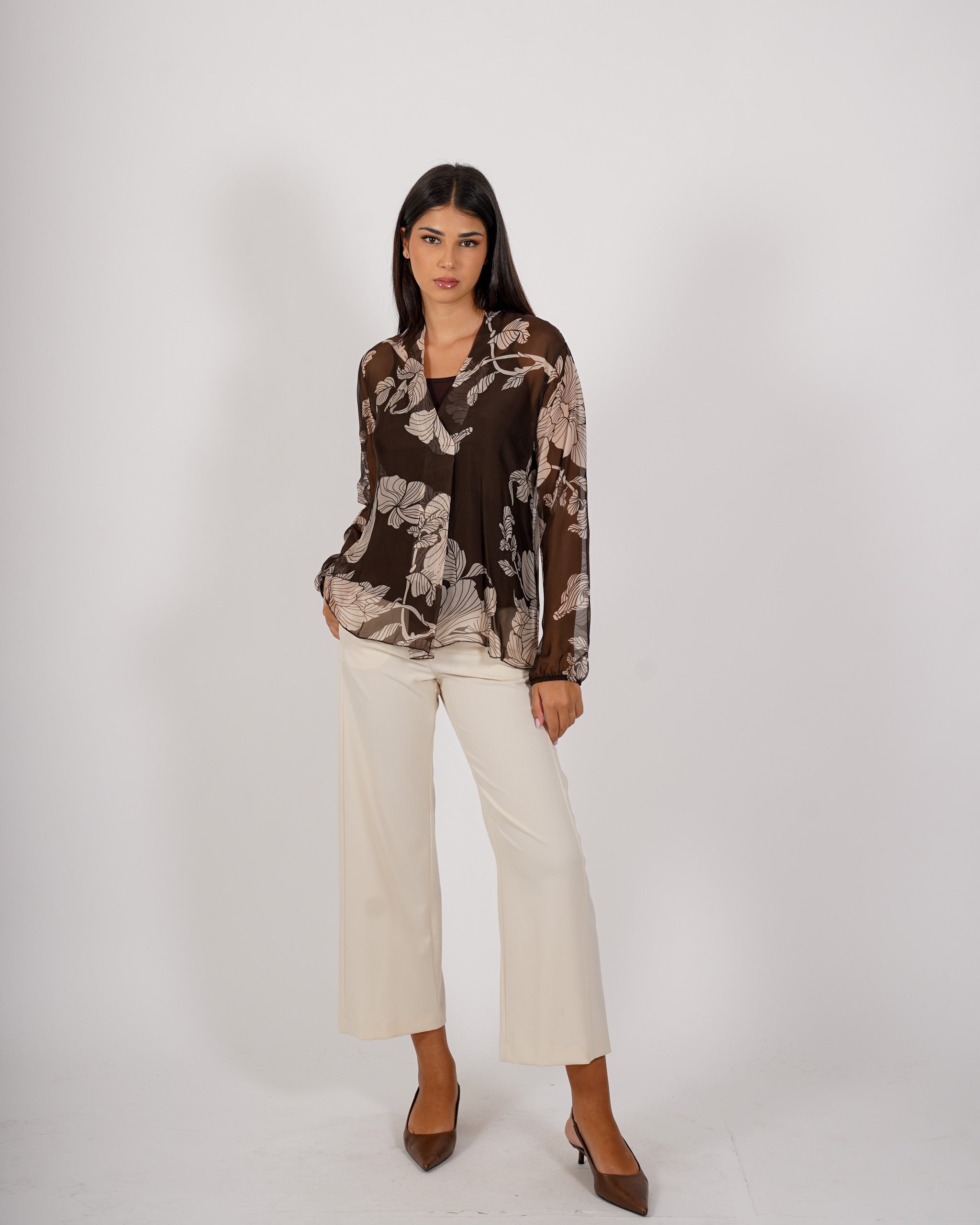 Blusa scollo a V in chiffon di seta - Neon