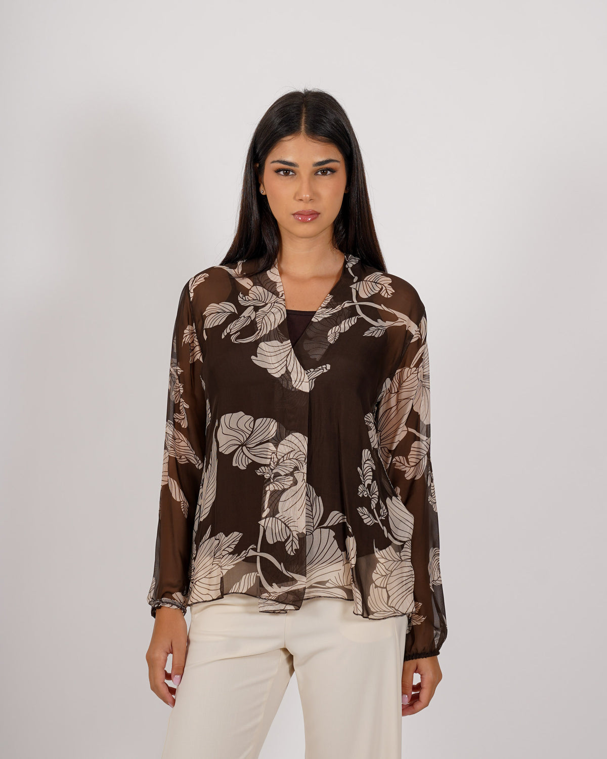 Blusa scollo a V in chiffon di seta - Neon