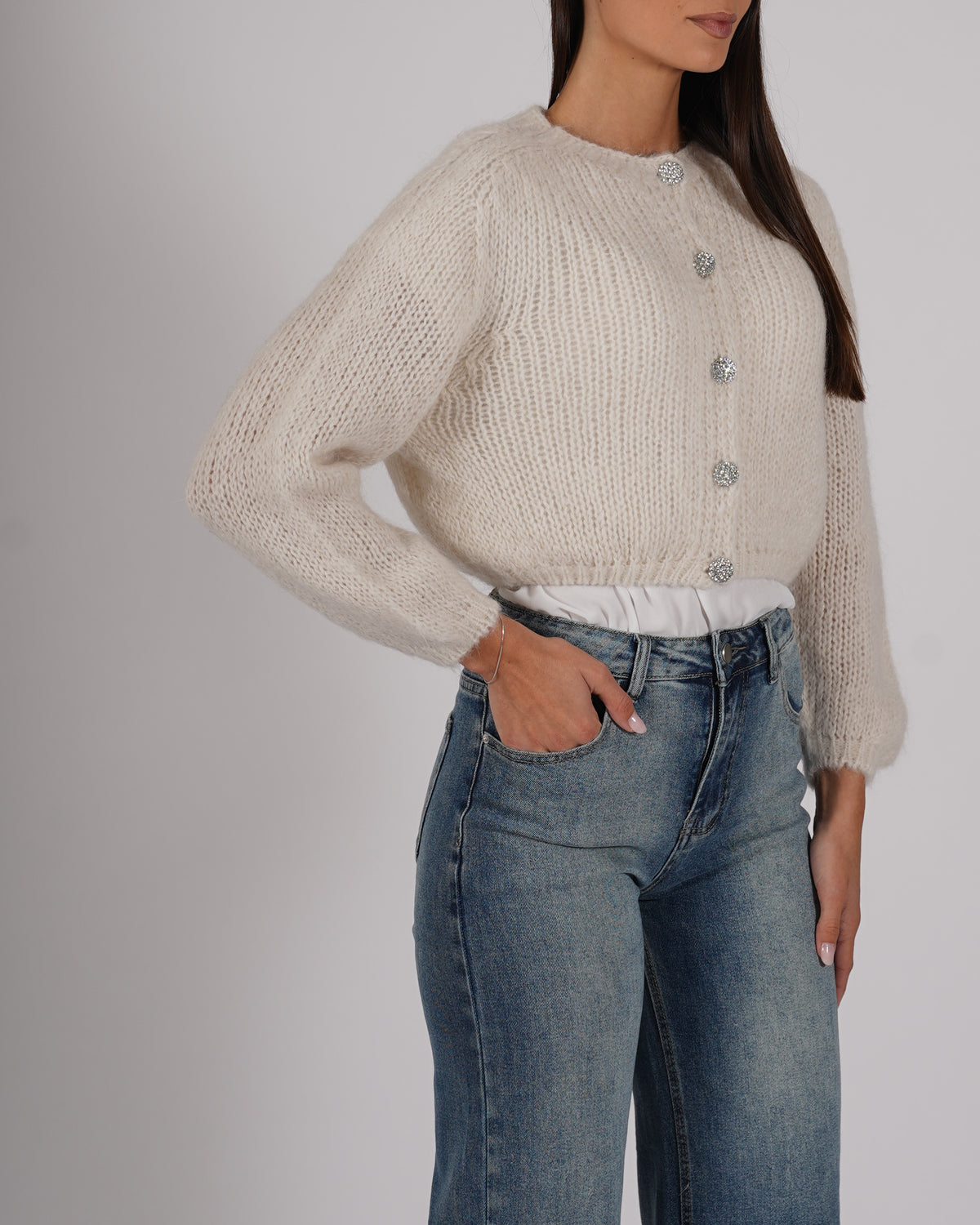 Cardigan con bottone gioiello in lana mohair - Shade