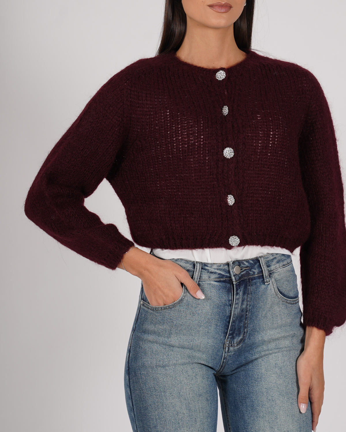 Cardigan con bottone gioiello in lana mohair - Shade